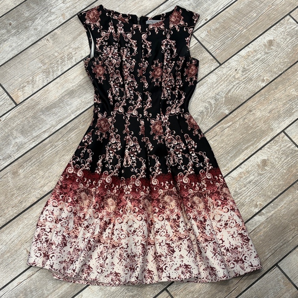 Danny & Nicole Black, Burgundy and Cream Floral Fit-and-Flare Midi Dress